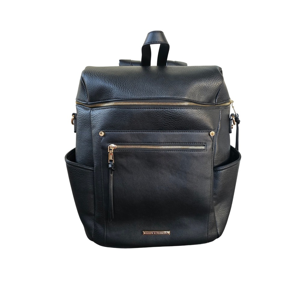 Poppy & Peonies Commuter Backpack Black Vegan Leather Travel Work Diaper Bag